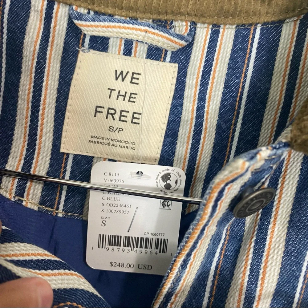 Free People Blue Striped Denim Barn Coat Jacket Corduroy Collar Small